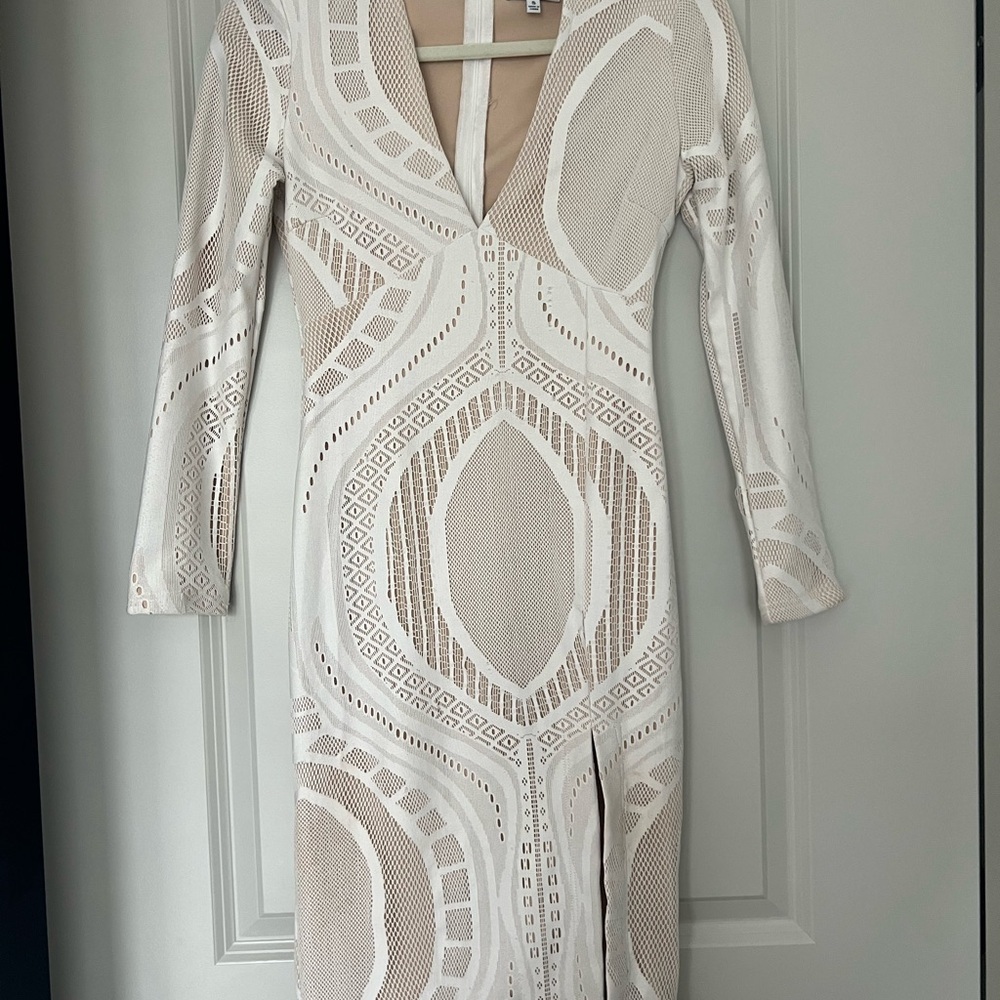 Fashion Nova Cream Bodycon Dress with Plunge Neckline